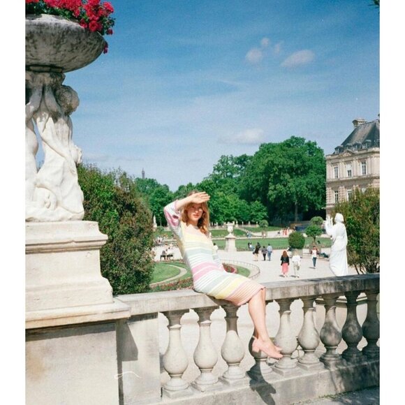 RIXO Milos Knit Dress in Pastel Yellow Rainbow Stripe Women’s Large MSRP $400 - Picture 5 of 12